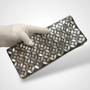 Beaded Sequin Embellished Evening Clutch Pouch Soft Leather Lining Black Silver